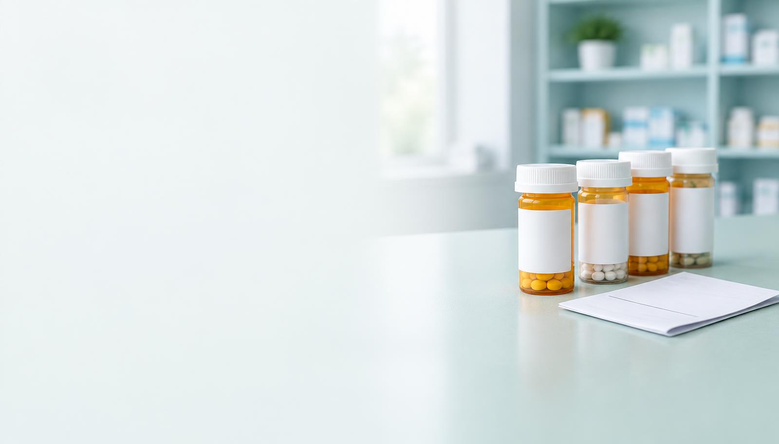 Prescription medicine bottles on a pharmacy counter